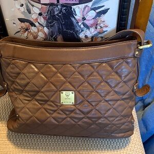 MCM Quilted Brown Leather Shoulder Bag with Gold Plaque